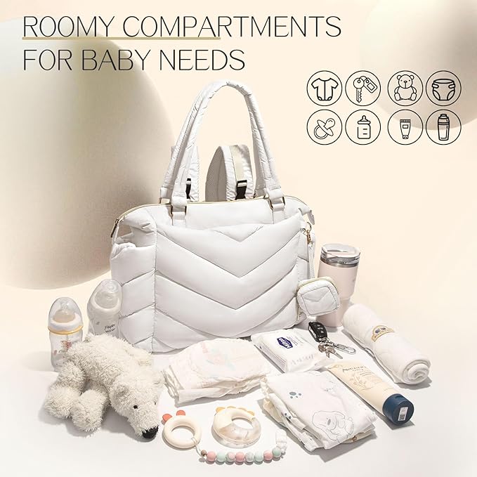 Diaper Bag Tote, Diaper Bag Backpack,Puffer Tote Bag with Pacifier Case, Lightweight Mommy for Hospital, Puffy with 10 Pockets, Convertible Baby for Travel,Beige