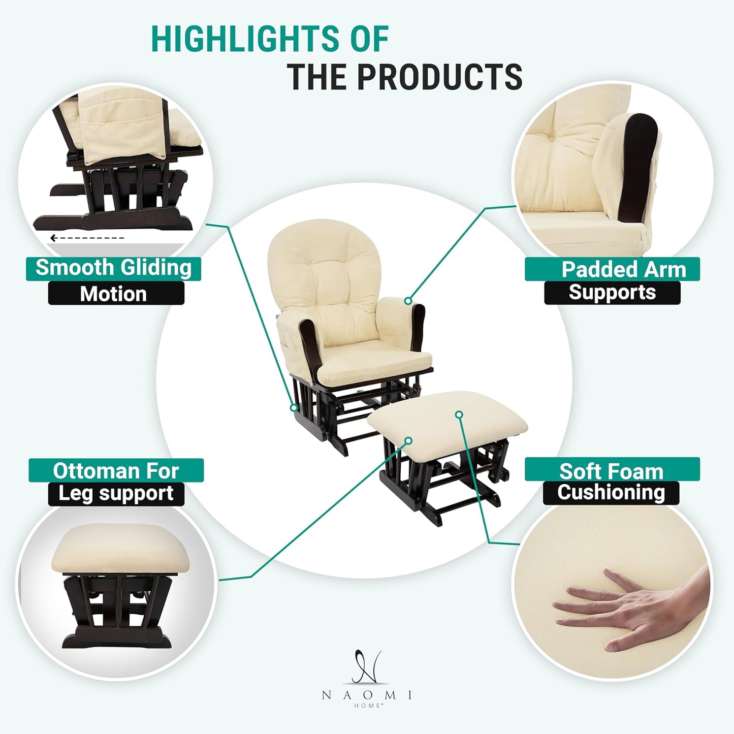Naomi Home Baby Rocking Chair for Nursery with Ottoman – Smooth & Quiet Glider Chair, High Back Support & Padded Arms for Feeding, Rocking Baby Nursery Furniture – Easy Assembly, Removable Cushions