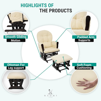Naomi Home Baby Rocking Chair for Nursery with Ottoman – Smooth & Quiet Glider Chair, High Back Support & Padded Arms for Feeding, Rocking Baby Nursery Furniture – Easy Assembly, Removable Cushions