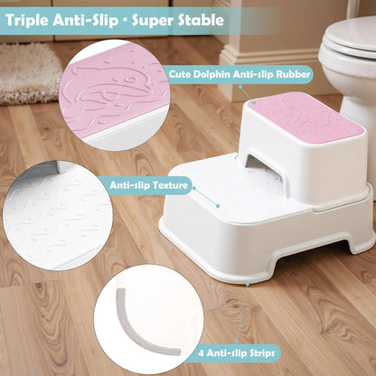 2-Step Toddler Step Stool, Non Slip Kids Step Stool for Bathroom Sink & Toilet Potty Training, Sturdy Stable Base, 10”Height Supports 220 lbs (2Packs White)