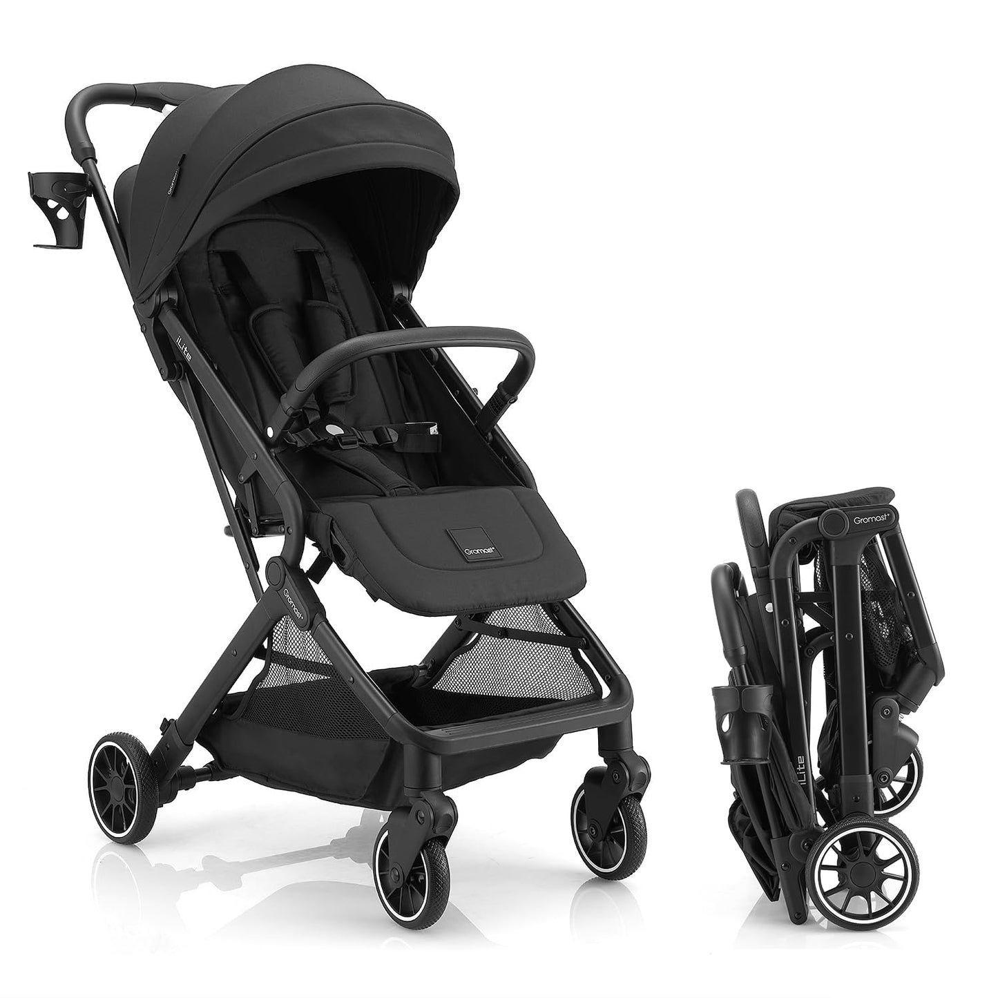 Gromast Compact Fold Baby Stroller, Lightweight Travel Toddler Stroller with One-Click Fold, Extendable UPF50+ Canopy, Cup Holder, UV Protected and Waterproof, One-Hand Folding - Blue