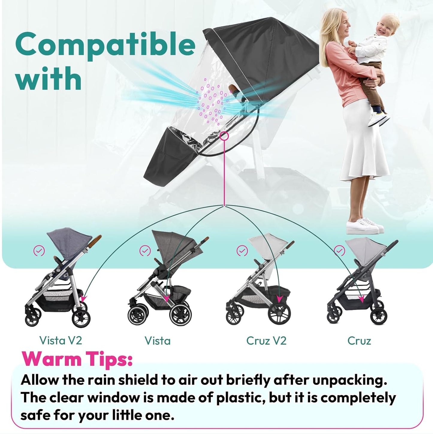 Performance Rain Shield, Rain Cover Fits for UPPAbaby Vista/Vista V2/Vista V3/Cruz/Cruz V2 Stroller, Protect from Wind/Rain/Snow/Dust, Air Vent Hole, Window with Zipper, Stroller Accessories