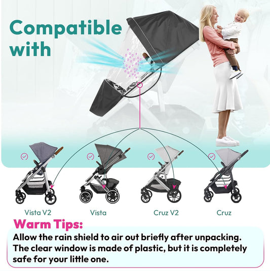 Performance Rain Shield, Rain Cover Fits for UPPAbaby Vista/Vista V2/Vista V3/Cruz/Cruz V2 Stroller, Protect from Wind/Rain/Snow/Dust, Air Vent Hole, Window with Zipper, Stroller Accessories
