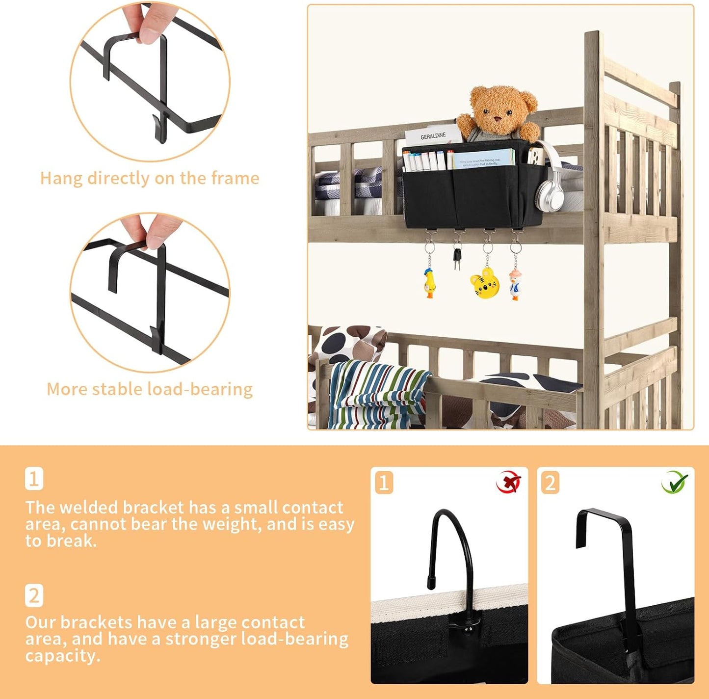 Bedside Storage Organizer 5 Pockets with 4 Hooks Hanging Storage Bag for Headboards/Bunk Bed (Pink)