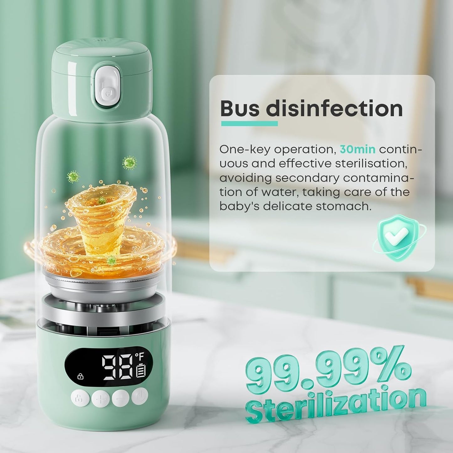 Portable Bottle Warmer for Travel, Fast Heating in 2 Mins, Dual Heating for Breastmilk & Water, Long Battery Life, 6 Temp Settings with Keep Warm, Built-in Sterilizer, 17oz (Green)