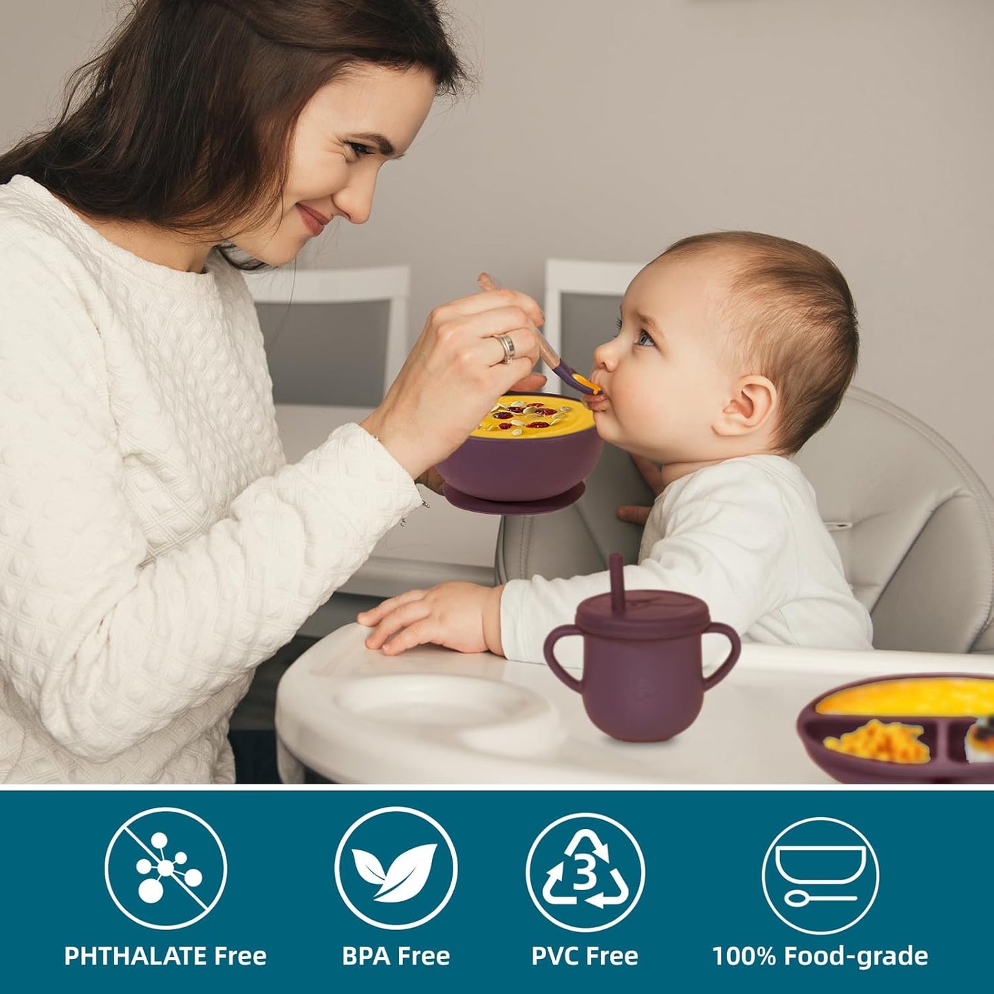 100% Silicone Baby Feeding Set, BPA Free Baby Dishes with Suction Bowl, Divided Plate, Toddler Self Feeding Dish Set with Spoons, Forks, Sippy Cup and Bib, Baby Eating Utensils (Navy Blue)