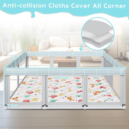 Fshibila 74" ×50" Large Baby Playpen, Baby Playard for Babies and Toddlers, Baby Fence Play Pens for Indoor & Outdoor, Sturdy Safety Play Yard with Soft Breathable Mesh, Anti-Fall, Grey