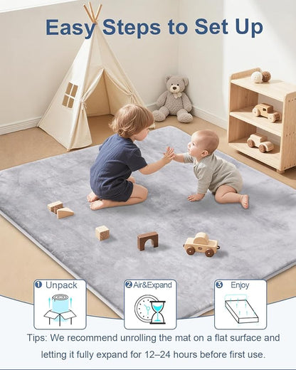 Thick Baby Play Mat for Floor,Padded Foam 47x47 Playpen Mat,Ultra Soft Support&Plush Feel Nursery Rug,Non Slip for Toddler, Infants,Kids Play,Yoga,Baby Crawling,Tummy Time(Light Grey)