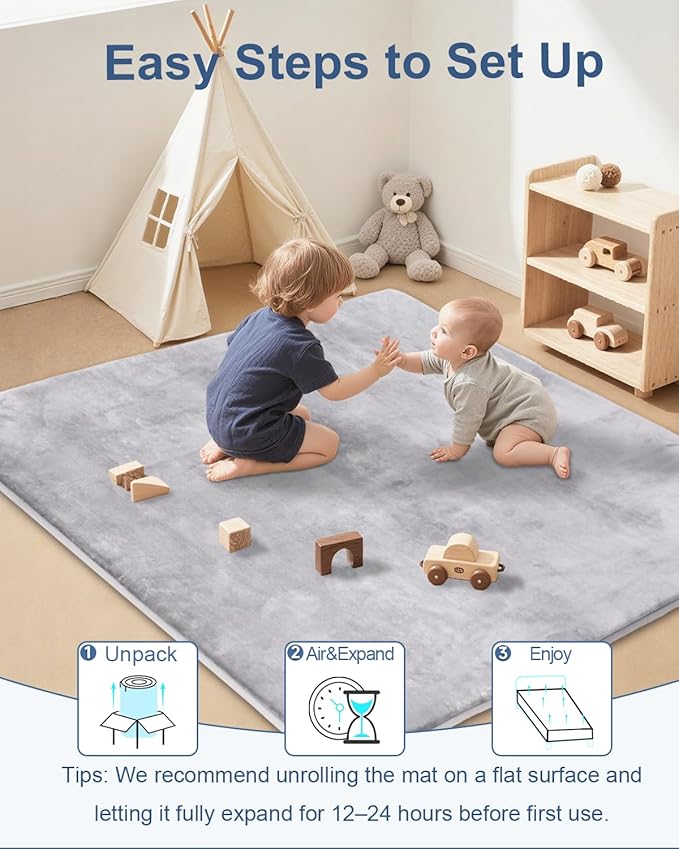 SEPARO Large Thick Baby Play Mat for Floor,Padded 79x118 Foam Mat,Tummy Time Mats,Soft Support&Plush Feel Nursery Rug,Non Slip for Toddler,Infants,Kids Play,Yoga,Baby Crawling Mats (Light Grey)
