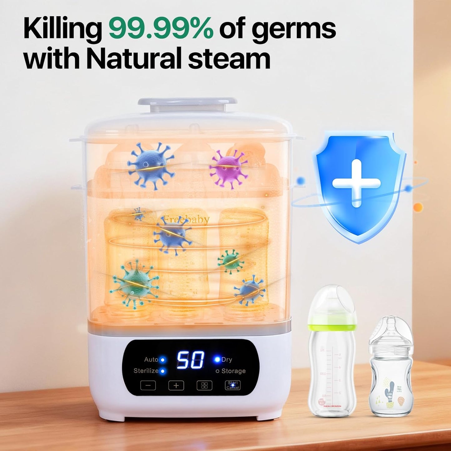 Freebaby Baby Bottle Sterilizer and Dryer,4 in 1 Electric Steam Sanitizer and Dryer for All Baby Bottle,Bottle Sanitizer for Pacifiers&Breast Pump Accessories,8 Bottles Capacity