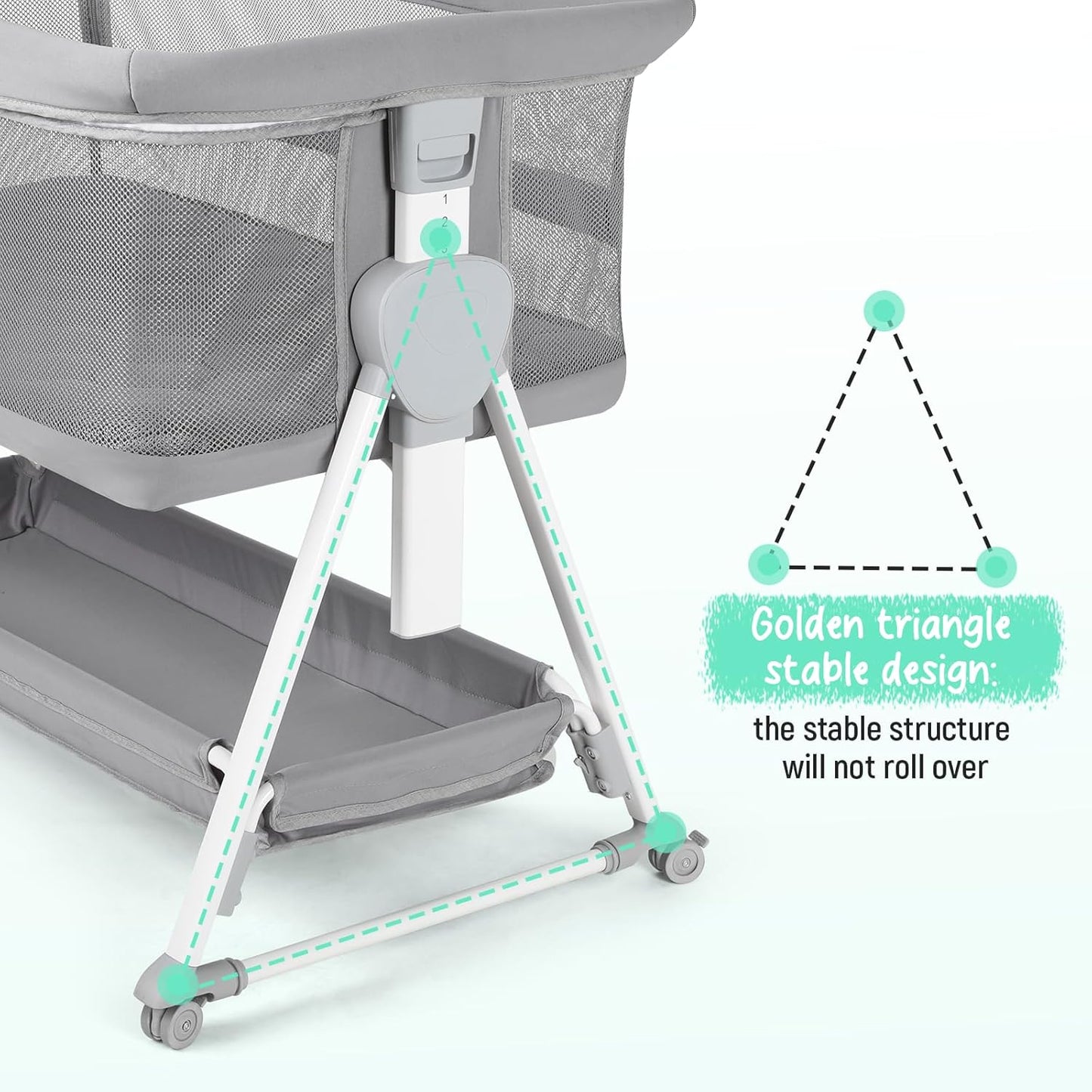 Cowiewie Bassinet Bedside Sleeper, Baby Bassinet with 7 Adjustable Height, Bedside Bassinet for Baby with Storage, Breathable Mesh & Mattress, Portable Bassinet Easy Folding (Pyramid Light Gray)