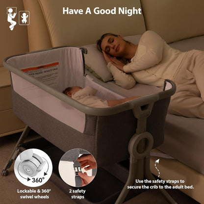 Larex Baby Bassinet Bedside Sleeper Crib Co Sleeper for Newborn Infant Toddler with Mosquito Net, Storage Bag & Basket, 5-Height Adjustable, Movable Wheels, Breathable Mattress & Mesh (Dark Gray)