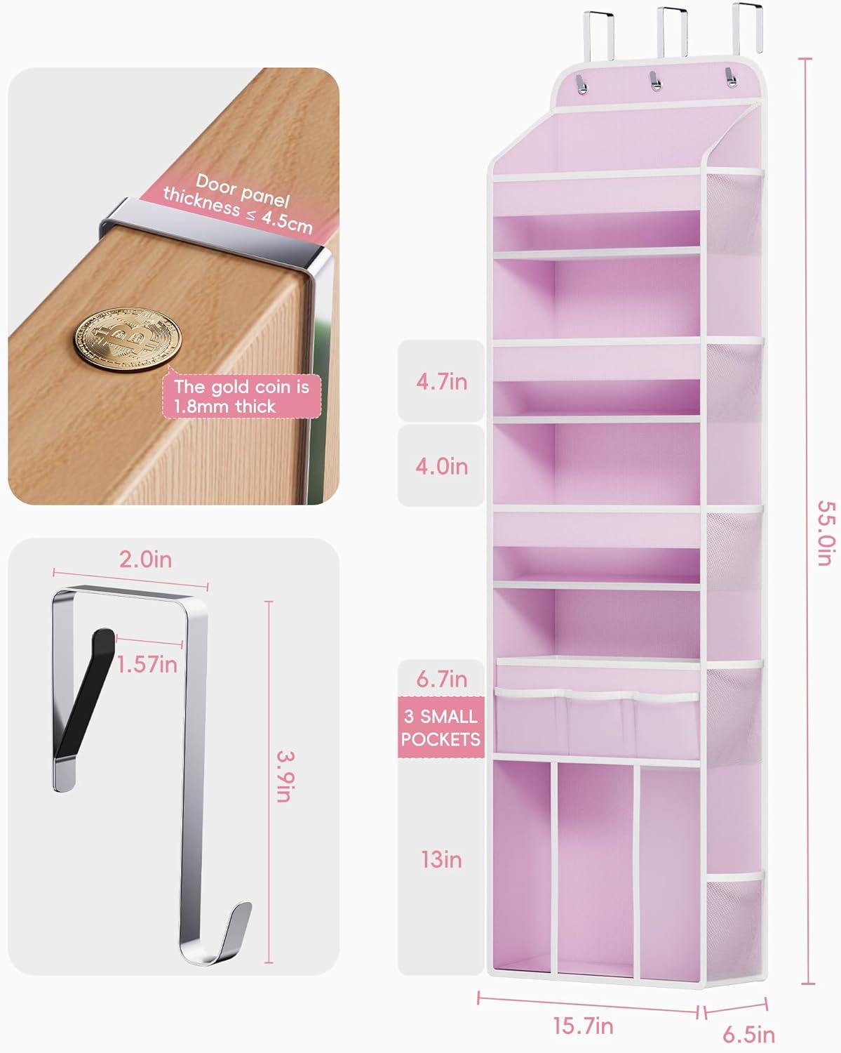 OneDream Over the Door Organizer for Nursery, 5-Tier Baby Clothes Organizer with Removable Storage Caddy, Hanging Behind Door Storage with Clear Pockets and Side Mesh Compartments, Grey