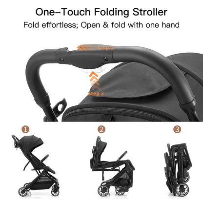 Gromast Compact Fold Baby Stroller, Lightweight Travel Toddler Stroller with One-Click Fold, Extendable UPF50+ Canopy, Cup Holder, UV Protected and Waterproof, One-Hand Folding - Blue