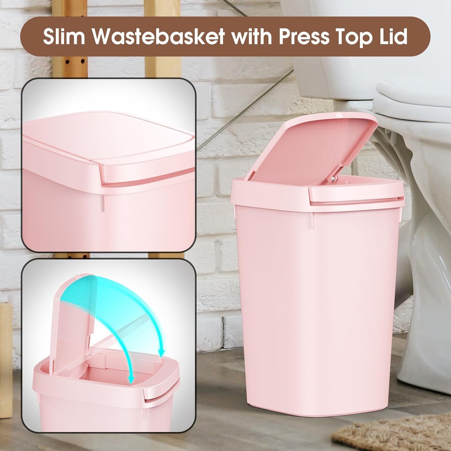 CEROELDA 3 Pack Bathroom Trash Can with Lid, 10L/2.6 Gal Small Garbage Can with Press Top Lid, Slim Plastic Waste Basket for Toilet, Office, Bedroom (Muti 1)