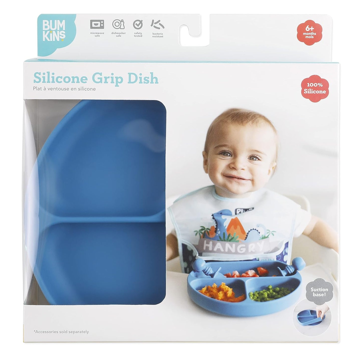 Bumkins Toddler and Baby Suction Plate, Divided Grip Dish for Babies and Kids, Baby Led Weaning, Feeding Supplies, Sticks to Tables and Highchairs, Platinum Silicone, for Chidren 6 Months, Gray