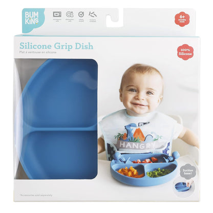 Bumkins Toddler and Baby Suction Plate, Divided Grip Dish for Babies and Kids, Baby Led Weaning, Feeding Supplies, Sticks to Tables and Highchairs, Platinum Silicone, for Chidren 6 Months, Gray