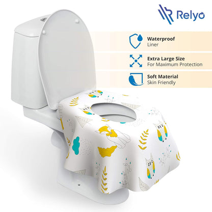 Relyo Disposable Toilet Seat Cover for Travel – 20 Pack with Covers Wrapped in Sets of 2, Non-Flushable Liners, Fits Most Seats – Kids, Toddlers, Adults (Dinosaurs, 20)