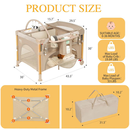Baby Bassinet Bedside Crib with One-Hand Setup 5-in-1 Foldable Pack n Play for Travel, Portable Baby Bassinet with Diaper Changer & Adjustable Mattress for Newborn to Toddler (Grey)