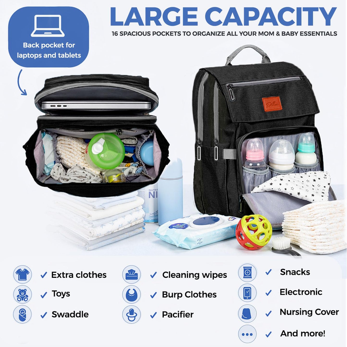 PILLANI Baby Diaper Bag Backpack - Large Waterproof Travel Diaper Bag for Boys & Girls, 16 Organizer Pockets with Changing Pad, Insulated Bottle Pockets & Stroller Straps, Baby Shower Gifts, Dinosaur