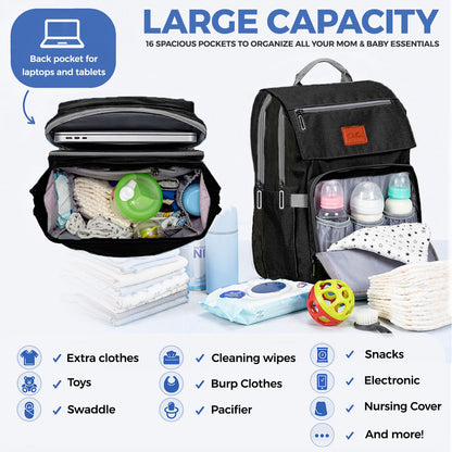 PILLANI Baby Diaper Bag Backpack - Large Waterproof Travel Diaper Bag for Boys & Girls, 16 Organizer Pockets with Changing Pad, Insulated Bottle Pockets & Stroller Straps, Baby Shower Gifts, Dinosaur