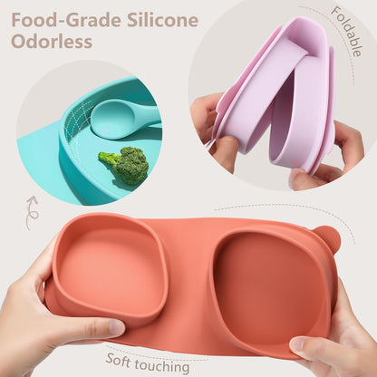 Baby Plates with Suction with Forks and Spoons, Foldable Silicone Toddler Plates, Baby Travel Essential, Microwave & Dishwasher Safe, Purple