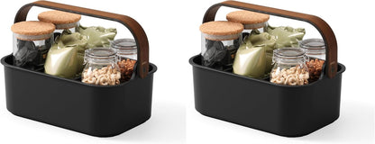 Umbra Bellwood Stackable Bin, 14" x 10" Durable Lightweight Container with Wooden Handle and Removable Dividers, Black/Walnut