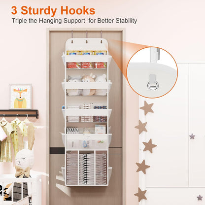 OneDream Over the Door Organizer for Nursery, 5-Tier Baby Clothes Organizer with Removable Storage Caddy, Hanging Behind Door Storage with Clear Pockets and Side Mesh Compartments, Grey