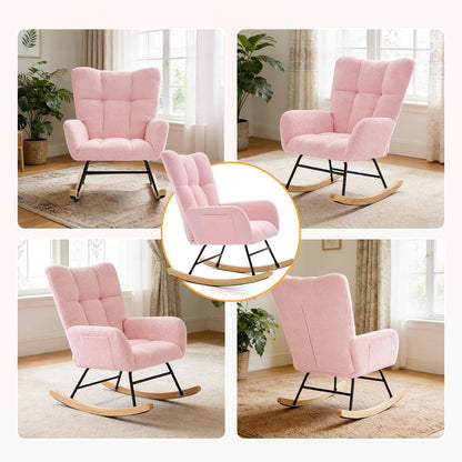 DUMOS Nursery Rocking Chair Teddy Upholstered, Comfy Glider Rocker with High Backrest Armchair Padded Seat, Accent Side Chair for Living Room Bedroom Offices Small Spaces Indoor, Beige