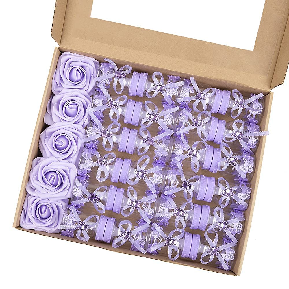 MACTING 2 Dozens 3.5 Inch Feeding Bottle Candy Box with 5 Pcs Artificial Flower Rose for Baby Shower Favor Gift Decoration (Pink)
