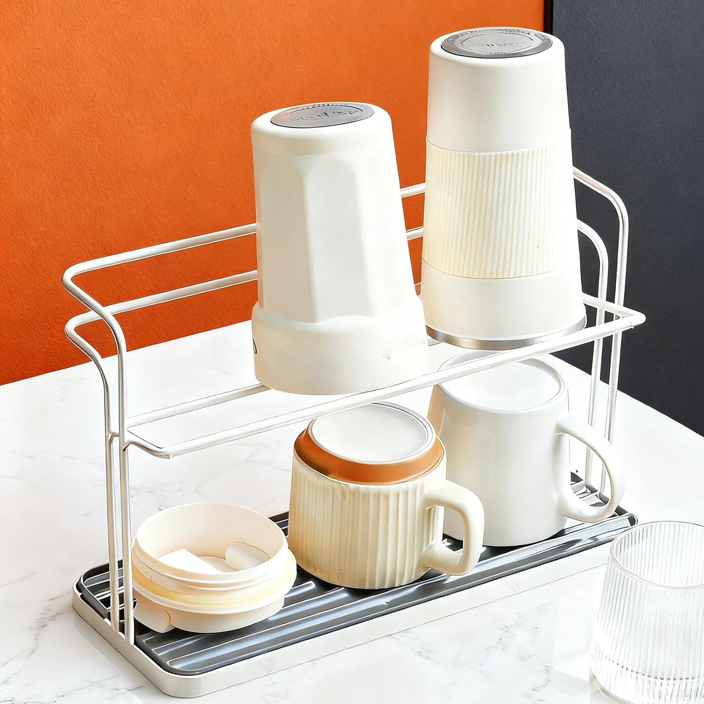 Bottle Drying Rack,Coffee Mug Holder with Drain Tray for Coffee Cup,Water Cup(White)