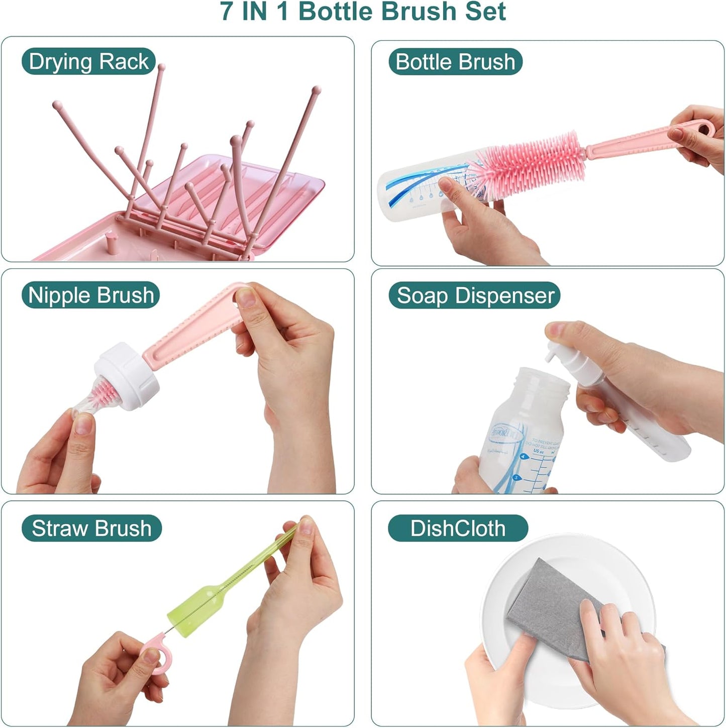 Baby Bottle Brush, 7 in 1 Travel Bottle Cleaner Kit with Soap Dispenser, Bottle Drying Rack, Dishcloths, Portable Essentials for Home and Travel-White