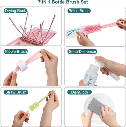 Baby Bottle Brush, 7 in 1 Travel Bottle Cleaner Kit with Soap Dispenser, Bottle Drying Rack, Dishcloths, Portable Essentials for Home and Travel-White
