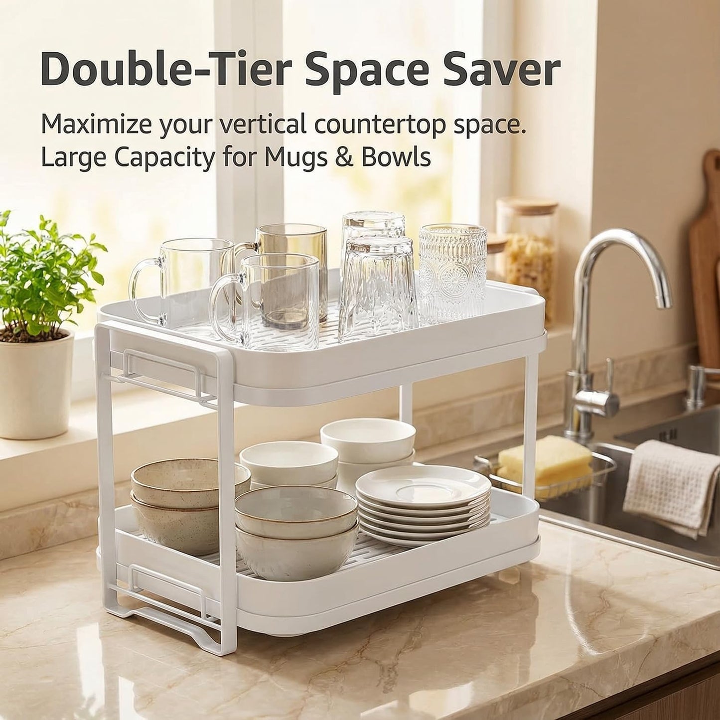 2-Tier Cup Drying Rack with Removable Drainboard, Rust-Proof Iron Mug Organizer, Multi-Purpose Bottle Drying Stand for Baby Bottles, Fruits, Vegetables, Countertop Space Saver, White