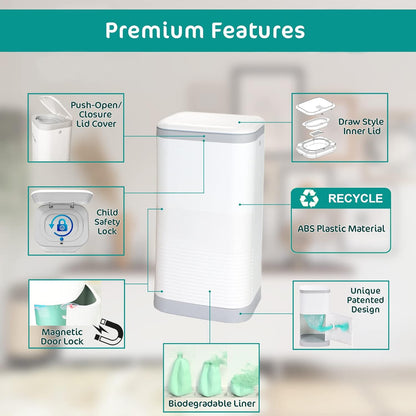 Diaper Pail Odor Locking, with Child-Safe Lock, Cost-Effective Refill System, Holds up to 20 Newborn Diapers, White