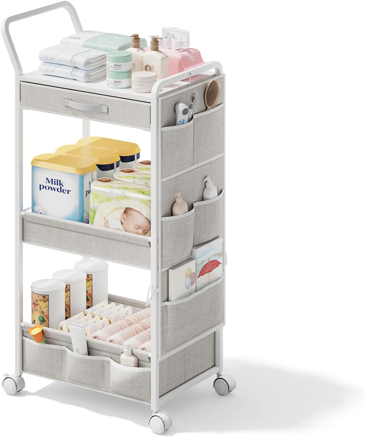 BBLIKE 3-Tier Diaper Caddy Organizer - Rolling Utility Baby Cart with Drawer and Side Pockets for Nursery and Baby Essentials, Multi-Function Cart for Bedroom and Bathroom, White