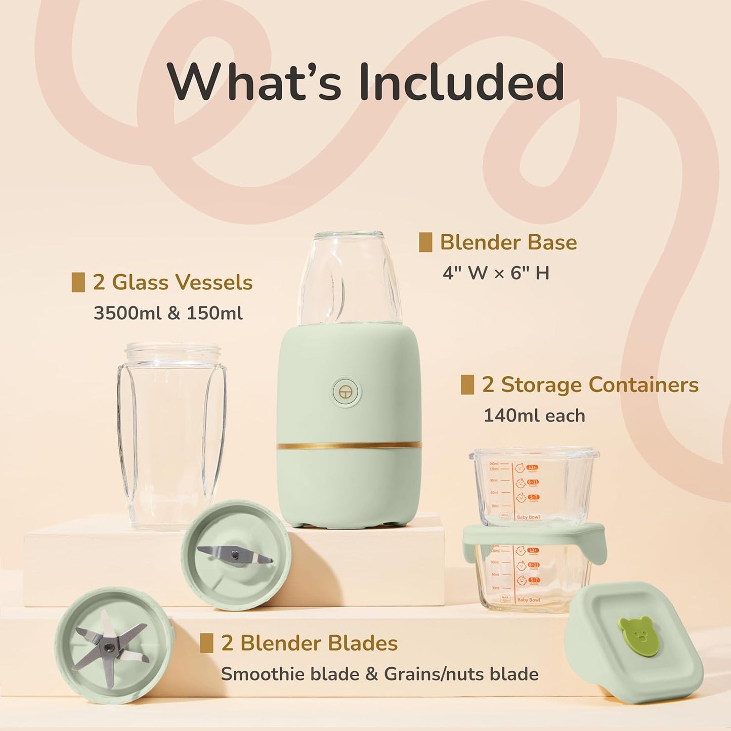 Bubble Blender, Baby Food Maker & Puree Blender with 2 Borosilicate Glass Cups, Compact Baby Bullet for Smoothies, Hands-Free One-Touch, 200W Motor, Rose