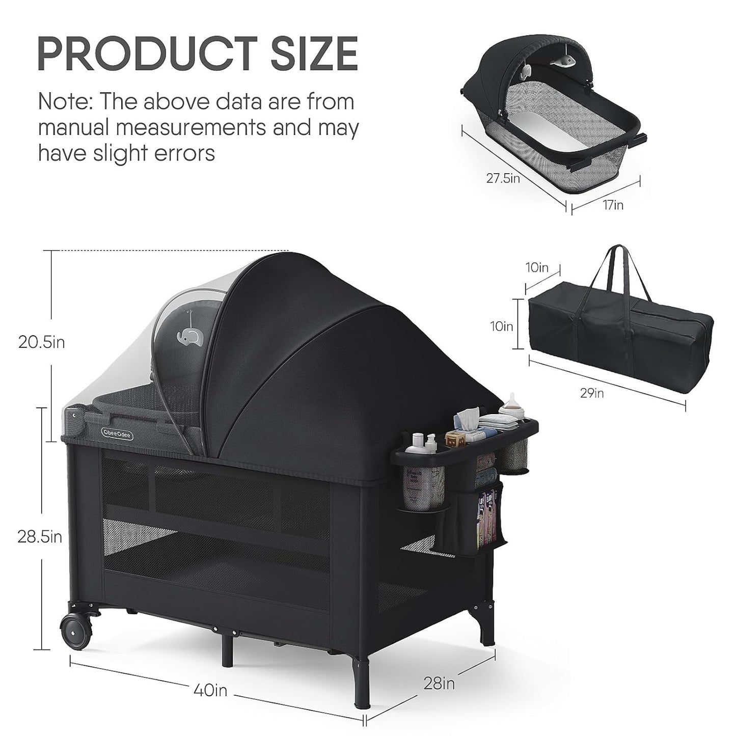 Obee Odee 4-in-1 Baby Bassinet with Playard, Napper Bassinet, Changing Table, Mosquito Net & Canopy, Storage and Toys for Newborn to Toddler