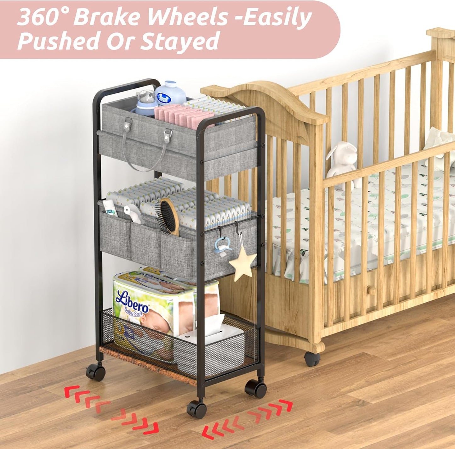 LIDTOP 2In1 Baby Diaper Caddy & 3-Tier Rolling Diaper Cart, Diaper Caddy Organizer Cart with Dividers, Mobile Metal Utility Cart for Nursery Essentials, Detachable Bedside Cart, Large Capacity