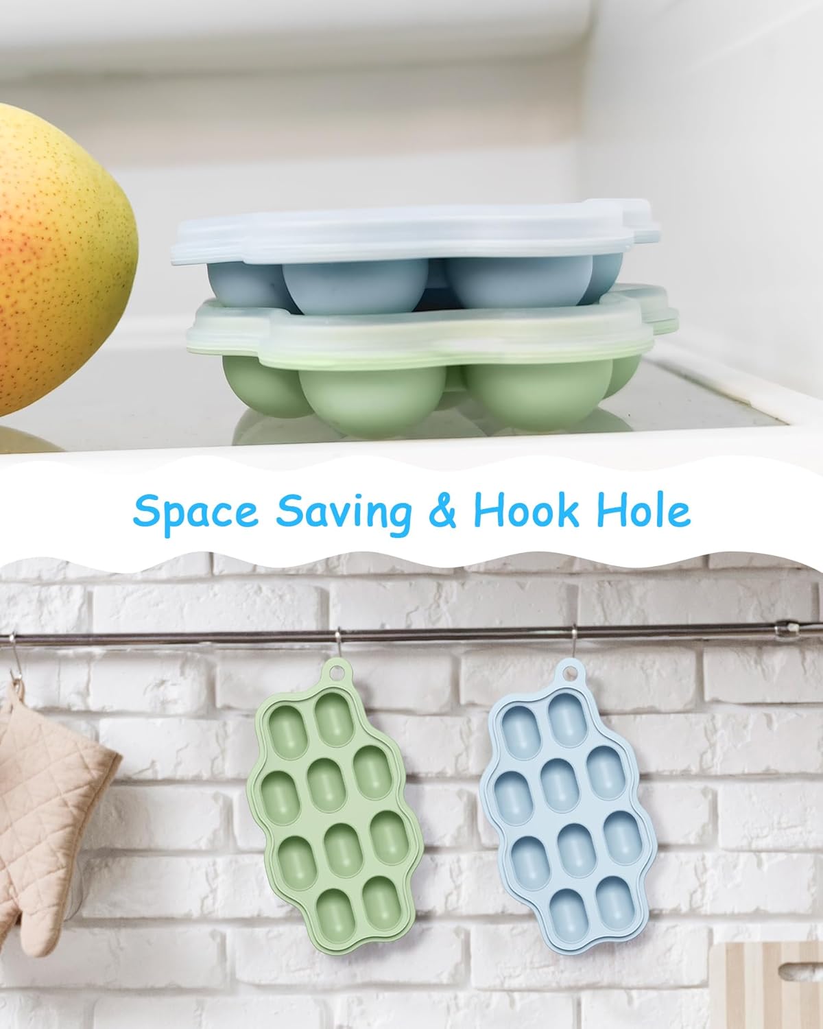 Baby Food Freezer Tray with Lid 2 Pack, Silicone Baby Food Storage Containers, Breastmilk Popsicle Mold, Small Ice Cube Tray for Homemade Baby Food（Blue/Green）