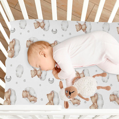 Fitted Crib Sheets White Bears with Clouds Stretchy Portable Playard Sheets for Baby Toddler, Breathable Soft Mini Crib Mattress 39 x 27 in for Boys and Girls