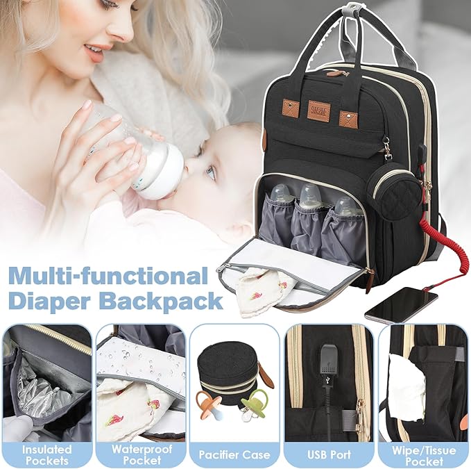 JSTPRO Diaper Bag Backpack, Large Diaper Bag with Changing Pad, Baby Bag, New Mom Gifts, Lightweight Waterproof Unisex Diaper Bag with Insulated Pockets and USB Charging Port, Black