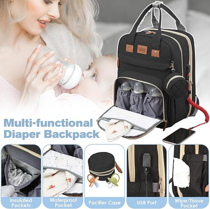 JSTPRO Diaper Bag Backpack, Large Diaper Bag with Changing Pad, Baby Bag, New Mom Gifts, Lightweight Waterproof Unisex Diaper Bag with Insulated Pockets and USB Charging Port, Black
