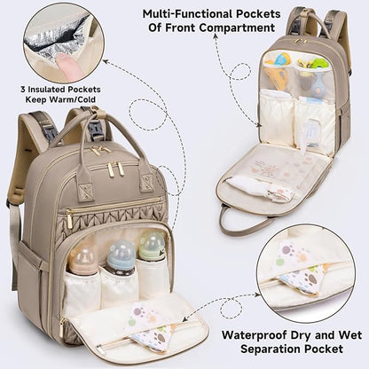 Tealari Diaper Bag Backpack,Stylish Baby Diaper Bag,Waterproof Travel Diaper Backpacks Baby Bags with Changing Pad,Stroller Straps,Insulated Pockets (Khaki)