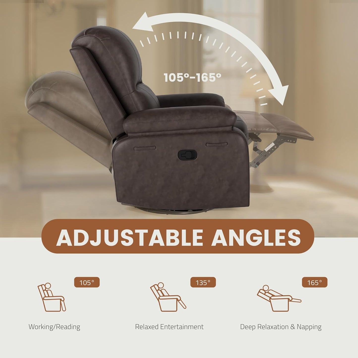 Leather Swivel Rocker Recliner Chair, Traditional Manual Chair, Upholstered Nursery Glider Rocking Recliner, Comfy Faux Leather Single Sofa with Pocket Spring for Living Room, Camel