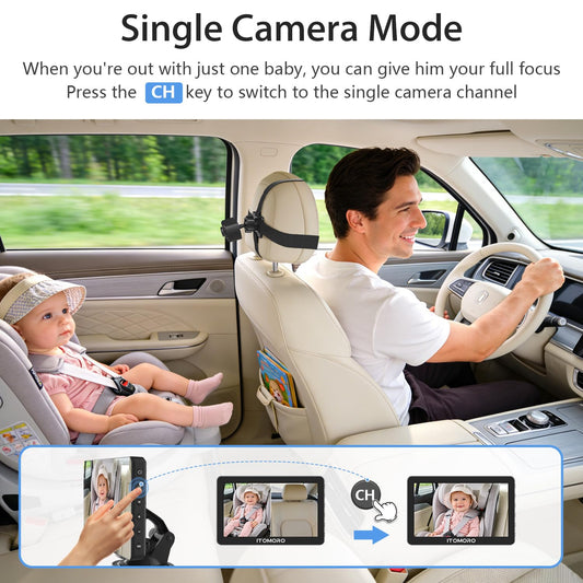 Itomoro Rear Facing Mirrors, 2 Kids Baby Car Camera, 7'' Ultra Wide 1080P HD Display with 2 IR Night Vision Cameras, 150° Wide Angle, 360° Rotatable, Easy Install