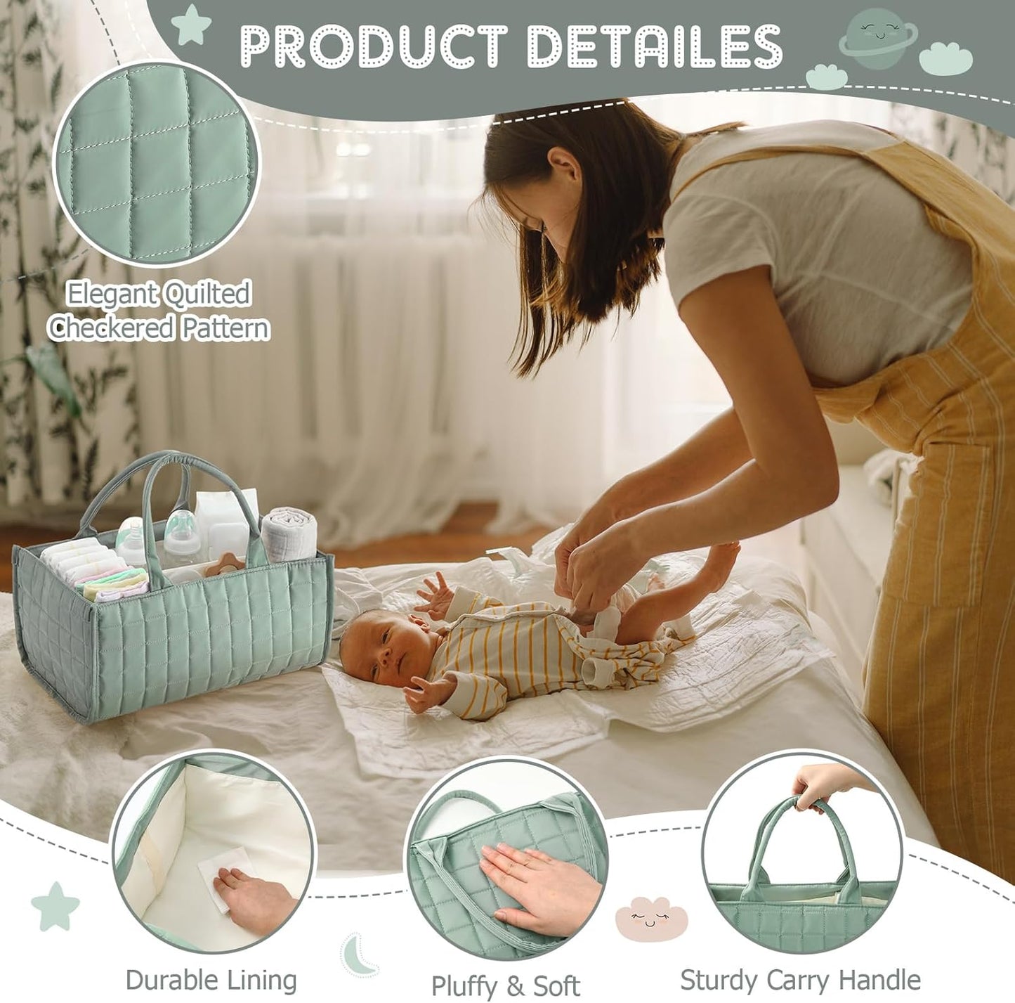 Huhumy Checkered Baby Diaper Caddy, Puffy Nursery Storage Organizer for Diapers & Babies Wipes, Large Quilted Tote Bag for Newborn Essentials Boy or Girl, Gift for Baby Shower Registry (Sage Green)