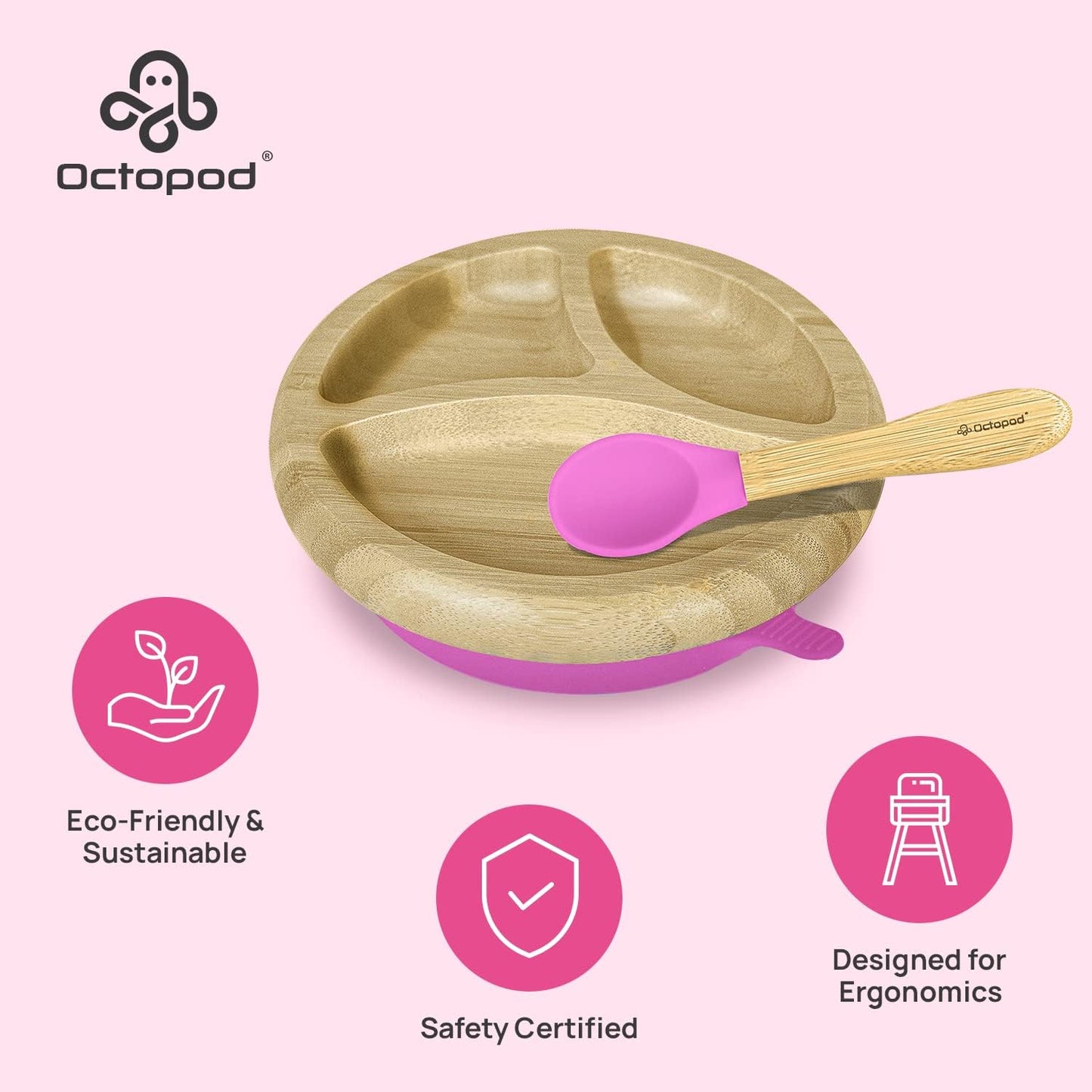 Abiie Octopod Bamboo Dish - Kids Plates for 4 months and up, 3-Compartment Baby Plates with Suction, Triangle Bamboo Baby Plate, Mess-Free Toddler Suction Plates, Baby Feeding Supplies, 8.3x1.9x7.7 in