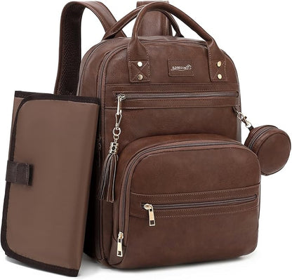 ROSEGIN Premium Vegan Leather Diaper Bag Backpack with Waterproof Changing Pad, Reinforced Zippers & Odor-Free,20 Pockets Pro Organizer, Fits 15.6" Laptop, Stroller Straps, Baby Bag for Mom,Dark Brown