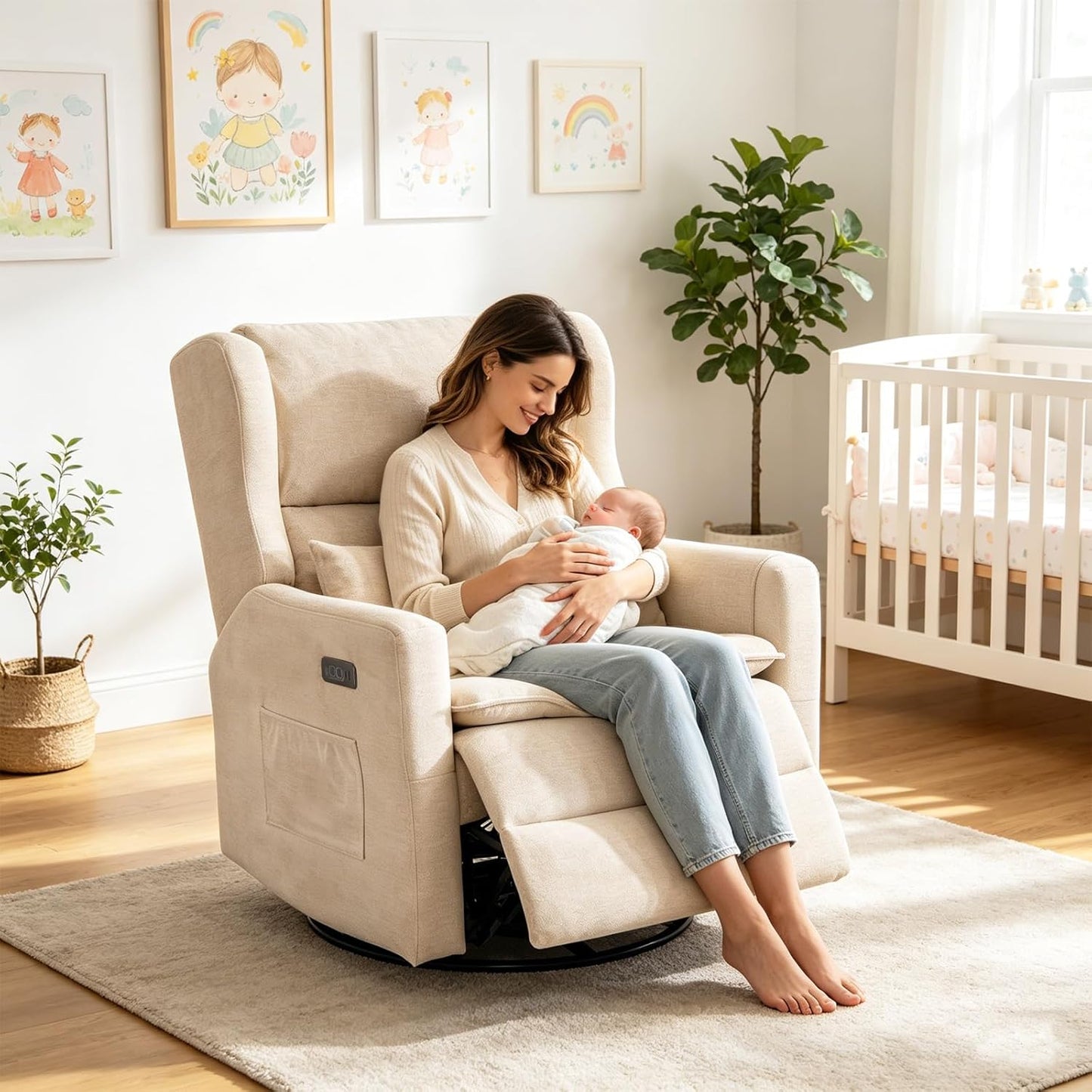 Large Glider Rocker Recliner,Rocking Chair Nursery with Adjustable Headrest,Swivel Rocker Recliner with Lumbar Support,Manual Nursery Rocker Recliner for Living Room& Bedroom,Chenille White
